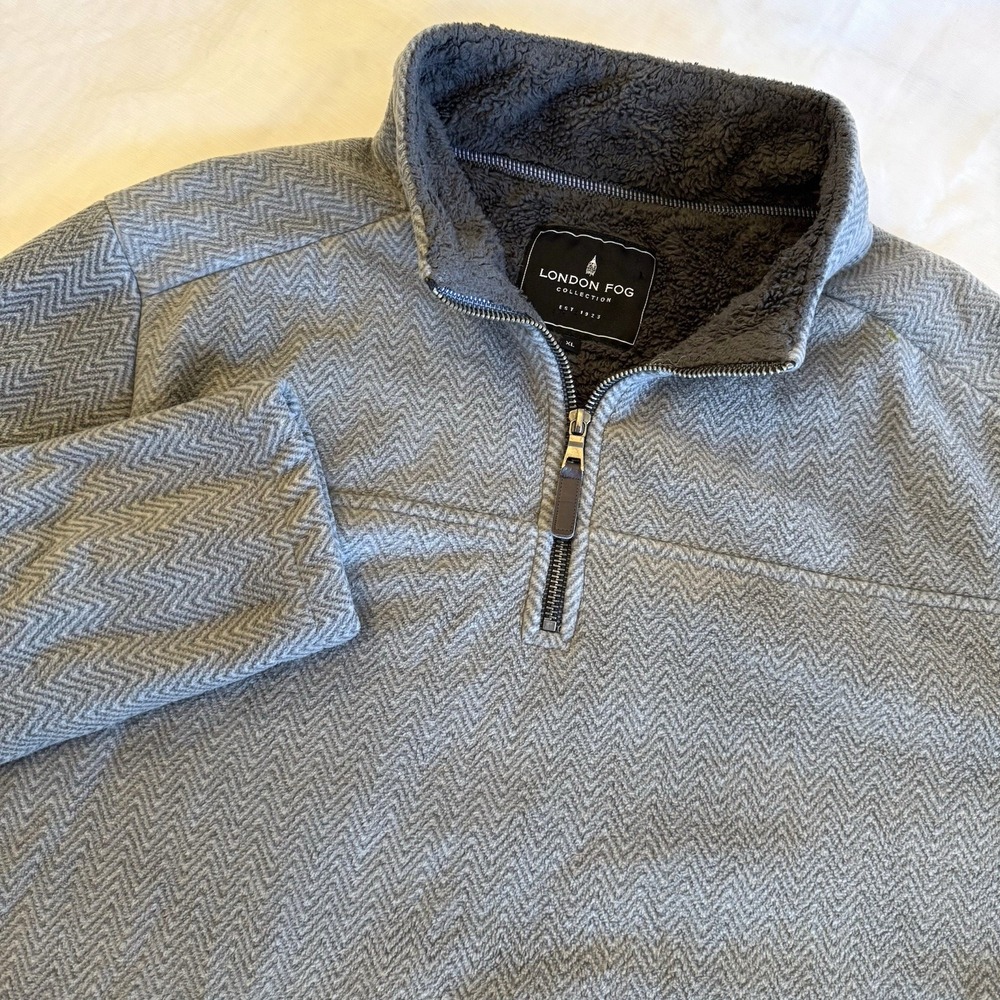 London Fog 1/4 Zip Pullover Mens Sz XL Gray Herringbone Sherpa Fleece Lined